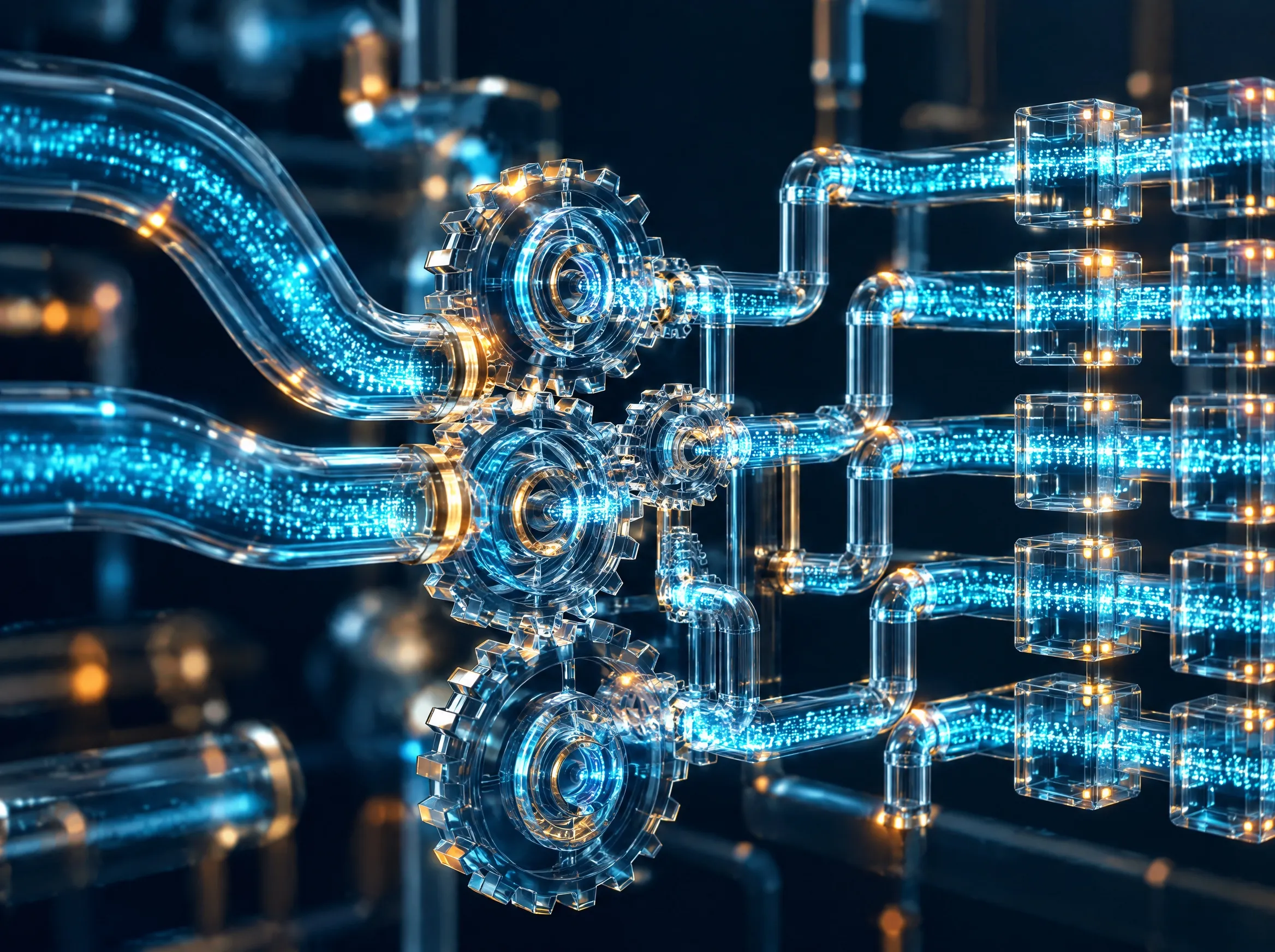 Abstract illustration of data flowing through connected pipes and gears