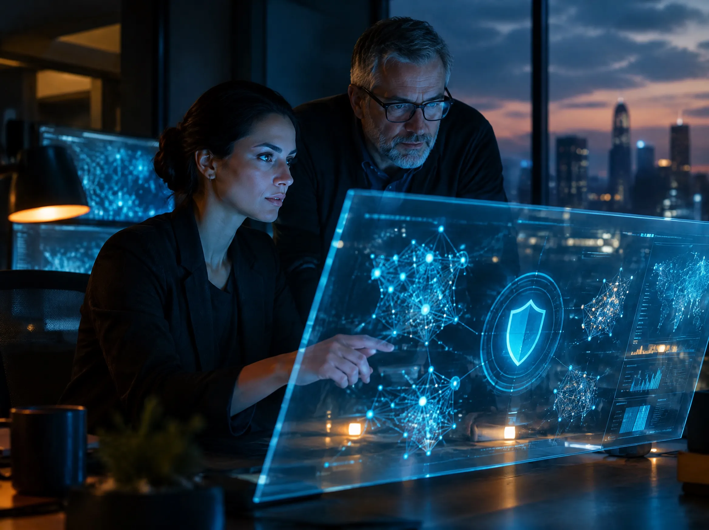 Two analysts reviewing a holographic security dashboard